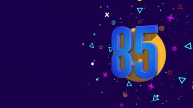 Turuncu bir dairede 85 numaralı mavi kart, mor ve sarı yıldızlar, daireler, üçgenler ve kareler püskürterek dönen dairelerle birlikte koyu mor arka plana karşı. Döngü dizisi. 3B Canlandırma