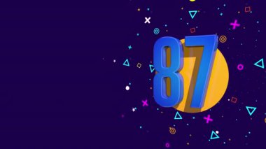 Turuncu bir daire üzerinde 87 numaralı mavi kart mor ve sarı yıldızlar, daireler, üçgenler ve kareler püskürterek dönen dairelerle birlikte koyu mor arka plana karşı. Döngü dizisi. 3B Canlandırma