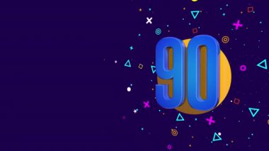 Turuncu bir daire üzerine 90 numaralı mavi kart, mor ve sarı yıldızlar, daireler, üçgenler ve kareler püskürterek dönen dairelerle birlikte koyu mor arka plana karşı. Döngü dizisi. 3B Canlandırma