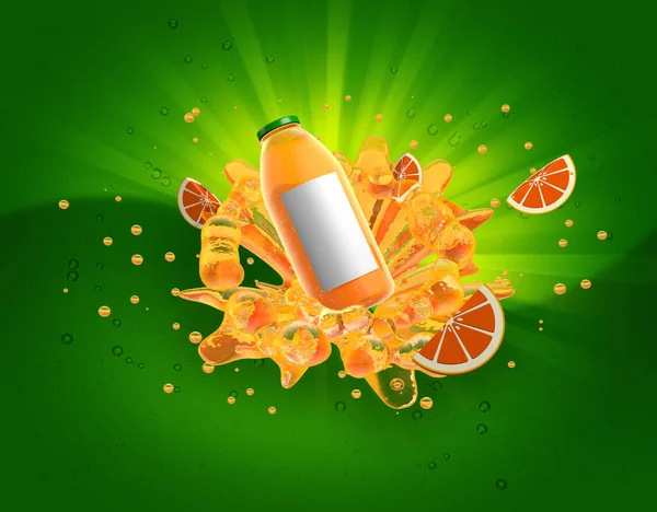 Botella Jugo Naranja Con Tapa Verde Salpicando Líquido Naranja Rodeado —  Fotos de Stock