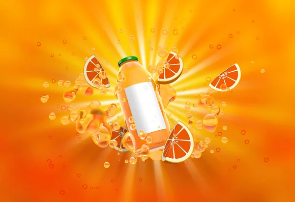 Botella Zumo Naranja Rodeada Burbujas Rodajas Naranja Sobre Fondo Color —  Fotos de Stock
