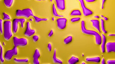Parlak sarı bir yüzey üzerinde rastgele hareket eden mor sıvı damlalarını kapatın. Döngü dizisi. 3B Canlandırma
