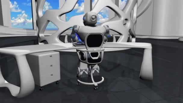 Robô Branco Azul Forma Humano Sentado Uma Cadeira Digitando Seu — Vídeo de Stock