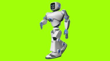 Yeşil arka planda yürüyen insan yüzlü beyaz ve mavi renkli robotun yan görüntüsü. Döngü dizisi. 3B Canlandırma