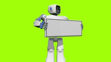 Beyaz ve mavi insan şeklindeki robotun, beyaz bir bayrağı elleriyle tutarken ve vücudunu soldan sağa, yeşil arka plana çevirirken ön görüntüsü. 3B Canlandırma