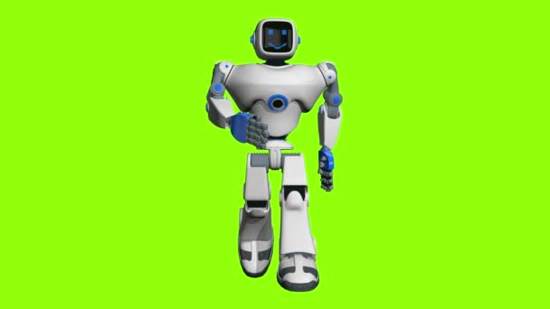 Front View White Blue Color Human Shaped Robot Happy Face — Stock Video