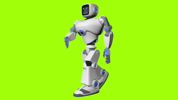 Vista Lateral Robô Branco Azul Forma Humano Com Rosto Feliz — Vídeo de Stock