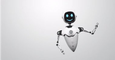 Beyaz arka planda süzülürken kollarını sallayan gülen yüzlü beyaz uçan robot. Alfa kanalı ile döngü dizisi. 3B Canlandırma