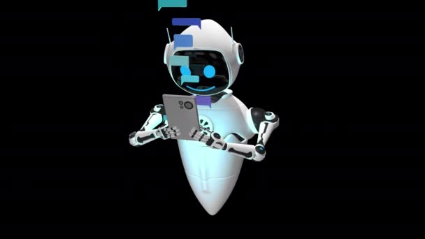 Robot Volador Blanco Con Una Cara Sonriente Escribiendo Teléfono Inteligente — Vídeos de Stock