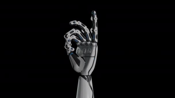 Närbild Människoformade Robot Hand Rör Fingrar Svart Bakgrund Medan Kameran — Stockvideo