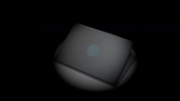 Інтро Відео Алюмінієвого Ноутбука Відкривається Коли Сцена Освітлюється Камери Сковорідки — стокове відео