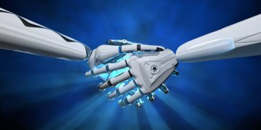 İki insan şekilli beyaz android el sıkışması ve koyu arkaplanda mavi ışık. 3B Görüntü