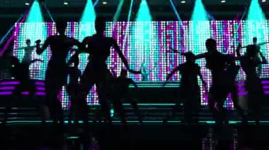 Renkli bar kostümlü bir grup kadın siyah noktalı ekranlı ve mavi ışıklı bir gece kulübünde dans ediyorlar. Döngü dizisi. 3B Canlandırma