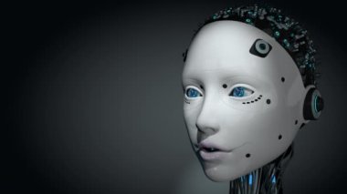 Beyaz derisi parlayan kadın insanımsı robot kafasını kapatırken hareket eden dudaklar, gözler, yanıp sönen ışıklar ve karanlık arka planda yanıp sönen ışıklar. Döngü dizisi. 3B Canlandırma