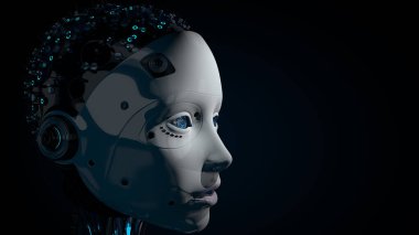 Kafatasında beyaz parlayan plastik derili, mavi gözlü ve aydınlatmalı devreli kadın insansı robotun kafasının yan görüntüsü fotokopi alanı ile karanlık arka planda. 3B Görüntü