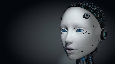 Kafatasında beyaz parlayan plastik derili, mavi gözlü ve aydınlatmalı devreli kadın insansı robotun portre başı fotokopi alanı ile karanlık arka plana karşı. 3B Görüntü