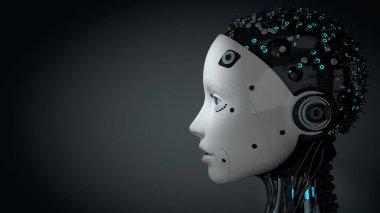 Kafatasında beyaz parlayan plastik derili, mavi gözlü ve aydınlatmalı devreli kadın insansı robotun kafasının yan görüntüsü fotokopi alanı ile karanlık arka planda. 3B Görüntü