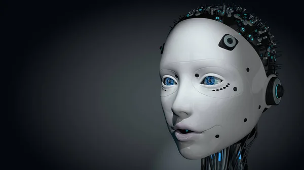 Portrait Head Female Humanoid Robot White Glowing Plastic Skin Blue — Stock Photo, Image