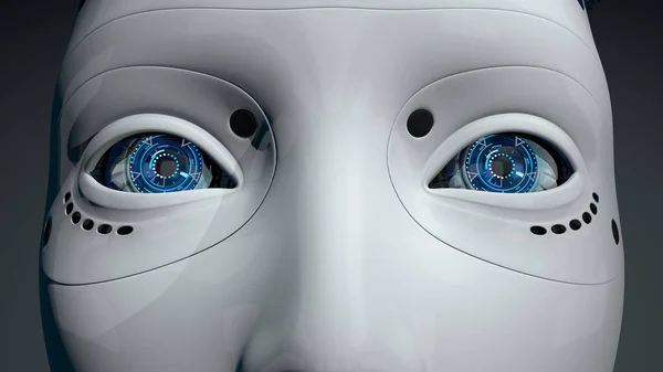 黒い背景に対して光沢のある白いプラスチック肌を持つ女性ヒューマノイドロボットの青い目に近づきます 3Dイラスト — ストック写真