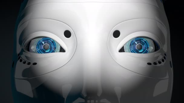 Close Moving Blinking Blue Eyes Humanoid Robot Shiny White Plastic — Stock Video