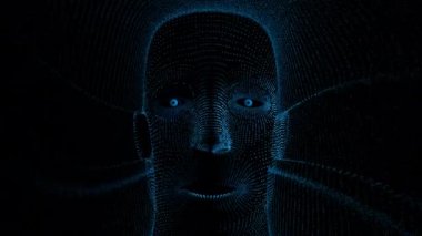 Mavi noktaların dudaklarını oynatması ve mavi parçacıkları siyah arkaplana doğru püskürtmesiyle oluşan sanal robot kafasının ön görüntüsü. 3B Canlandırma