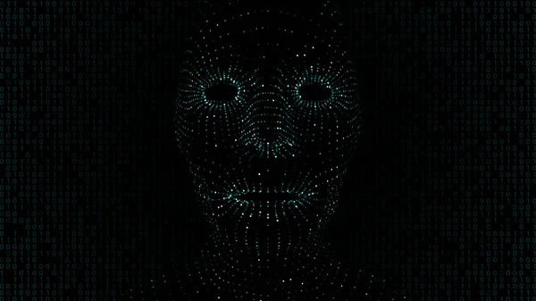 Front view of virtual robot head formed by green dots against binary code background. 3D Illustration