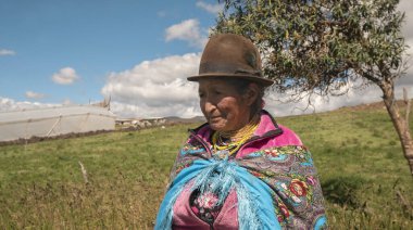 Cangahua, Cayambe / Ekvador - 12 Eylül 2023: Cayambe 'de gün içinde tarlada yürüyen yaşlı yerli bir kadının portresi