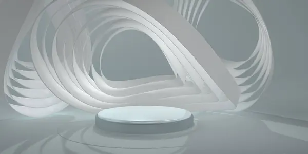 Round metal podium with white round abstract figures on the back on a gray surface. Minimalist scene with blue light. 3D Illustration