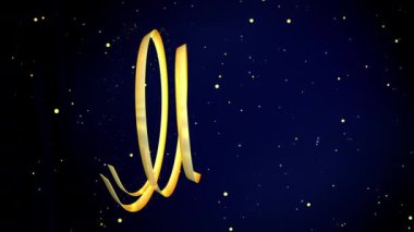 Noel ağacı, içinden parçacıklar çıkan 3 altın spiral şeritten ve rastgele ortaya çıkan sarı ve mavi parçacıklardan oluşan koyu mavi bir zemin üzerinde dönen bir yıldızdan oluşur. Üç boyutlu animasyon. Dikey video