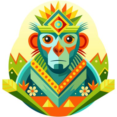 Geometrik tarzda, sıcak renklerde şempanze kafası şeklinde Afrika maskesinin ön görüntüsü