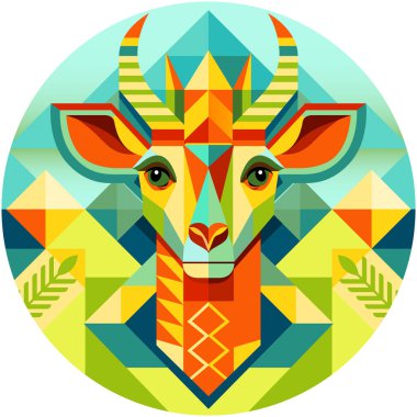 Geometrik tarzda sıcak renklerde bir zürafa başı şeklinde Afrika maskesinin ön görüntüsü