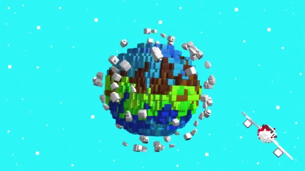 Flugzeug Und Heißluftballon Umkreisen Den Planeten Erde Pixelstil Vor Blauem — Stockvideo