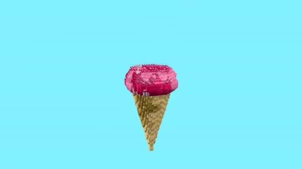 草莓和香草冰淇淋锥形与樱桃旋转的像素风格与浅蓝色背景 3D动画 — 图库视频影像
