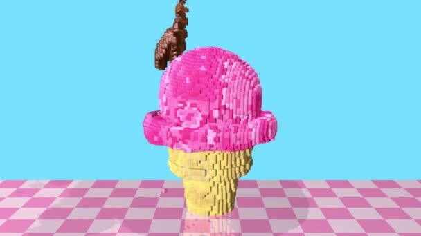 草莓冰淇淋筒与巧克力酱和樱桃旋转像素风格与浅蓝色背景 3D动画 — 图库视频影像