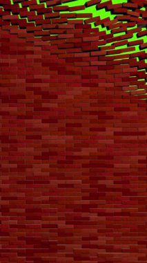 Dikey kırmızı tuğla duvar, tuğlalar yeşil zemine doğru yüzdükçe parçalanıyor. 3B Canlandırma