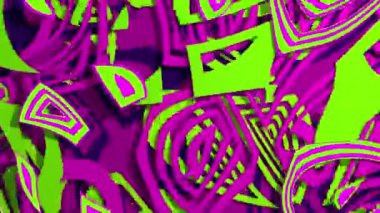 Eflatun ve yeşil renklerin rastgele karıştırılmış geometrik şekillerinin arkaplanı. Döngü dizisi. 3B Canlandırma