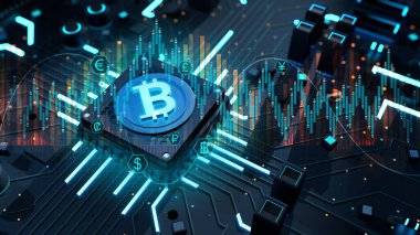 Karmaşık devre kartında farklı dünya para birimlerinin simgeleriyle çevrili mavi ışığı olan Bitcoin simgesine yakından bak. Uluslararası finans kavramı. 3B Görüntü