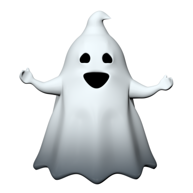 Küçük mutlu beyaz çizgi film hayaletinin ön görüntüsü kara ağızlı ve gözleri