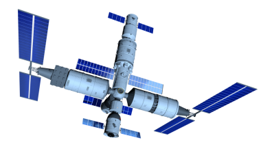 Güneş panelleri, çekirdek modülü, insanlı uzay gemisi ve şeffaf arka planda otomatik ikmal aracıyla üç boyutlu uzay istasyonu modeli. 3B Görüntü