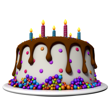 Çikolata kaplı pasta, eflatun renkli şekerler ve şeffaf arka planda açık mavi mumlarla süslenmiş. 3B Görüntü