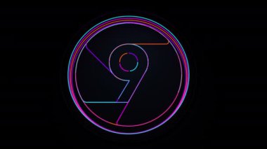 10 numaradan 1 numaraya geri sayım başladı. Dört çizgi cyan, morumsu, turuncu ve mor her bir sayı yuvarlak bir çerçeve içinde siyah bir arkaplana karşı çekilir. 3B Canlandırma