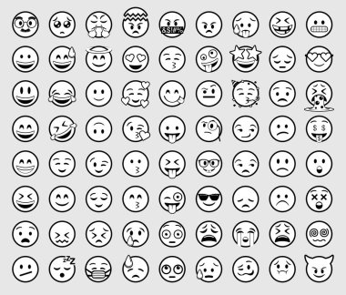 Farklı yüz ifadelerini tasvir eden 72 adet yuvarlak beyaz emoji seti: mutlu, yaramaz, ağlayan, aşık, hasta, parti yapan, şaşırmış ve kötü. Gri arkaplana karşı duygu simgeleri