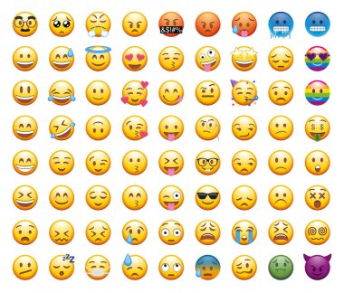 Farklı yüz ifadeleri olan 72 adet yuvarlak sarı emoji seti: mutlu, yaramaz, ağlayan, aşık, hasta, parti yapan, şaşırmış, kötü ve LGBTİ bayrağı taşıyan. Beyaz arkaplanda duygu simgeleri