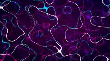 Magenta, cyan, mor ve beyaz çizgiler rastgele hareket ediyor, koyu mor arka plan üzerinde daireler oluşturuyor. Döngü dizisi. 3B Canlandırma