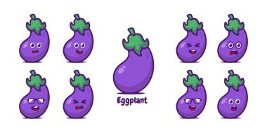 Beyaz arka planda izole edilmiş sevimli, mutlu, gülümseyen komik patlıcan. Vektör düz çizgi film patlıcan karakter ikonu tasarım koleksiyonu.