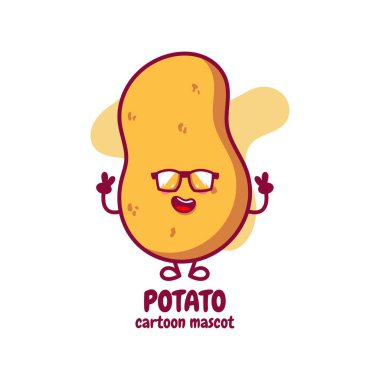 Mutlu sevimli gülümseyen patates. Vektör düz çizgi film karakteri illüstrasyon simgesi. Beyaz arka planda izole edilmiş. Sevimli patates karakter kavramı