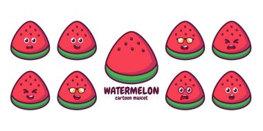 Komik, sevimli, mutlu karpuz karakterler seti. Vector kawaii çizgi film stili çizimi. Şirin karpuz maskotu karakter koleksiyonu