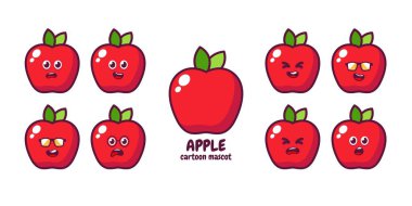 Şirin, komik elma, spor salonu seti koleksiyonu. Vektör düz çizgi çizgi film Kawaii karakter resimleme simgesi. Beyaz arka planda izole edilmiş. Apple meyve egzersizi karakter paketi konsepti