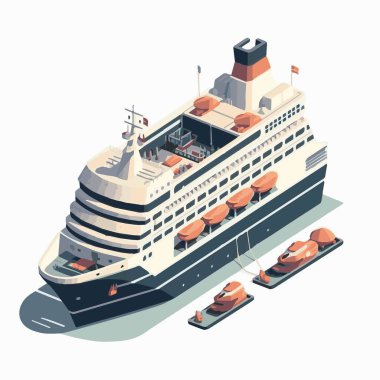 Vektör izometrik simge seti veya düşük poli kargo konteynır gemisi, petrol tankeri gemisi, yolcu yolcu yolcu yolcu gemisi, araba ve petrol platformlarıyla dolu feribot