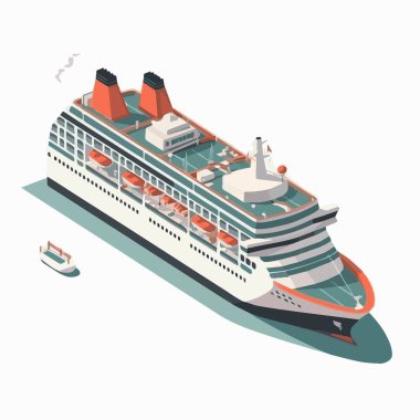 Vektör izometrik simge seti veya düşük poli kargo konteynır gemisi, petrol tankeri gemisi, yolcu yolcu yolcu yolcu gemisi, araba ve petrol platformlarıyla dolu feribot